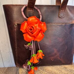 Leather Rose Purse Charm Genuine Leather Orange Flower Bag Charm NEW FAST SHIP